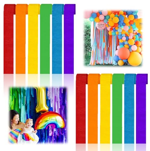 12 Rolls Krepppapier Bunt, Kreppbänder Regenbogen, Krepppapier 6 Farben, Crepe Papier Regenbogen, für Party Deko, Wedding Decoration, Geburtstagsfeier, Weihnachtsdekoration (4.5 cm x 25 m)
