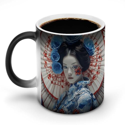 BTCOWZRV Farbwechsel-Tasse, verkleiden Sie sich als Geisha, Keramik-Kaffeetasse, wärmewechselnde empfindliche Tasse, magische Teetasse, Neuheit, Kaffeetassen für Damen und Herren