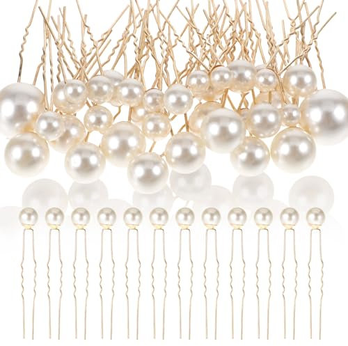 36 Stück Haarnadeln mit Perlen, U-Förmige Haarschmuck Perlen, Braut-Haarspangen Perlen, Hochzeits-Perlen-Haarschmuck für Bräute Brautjungfern, Mädchen Damen (Mehrgrößen, Gold)
