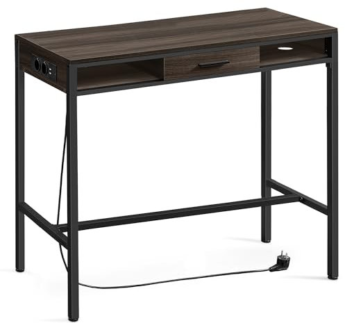 VASAGLE Bartisch, Schreibtisch, Stehtisch mit AC-Steckdosen und USB-Anschlüssen, Arbeitstisch mit Flexibler Schublade, 40 x 120 x 105 cm, für Schlafzimmer, Wohnzimmer, aschbraun LBT029K02V1