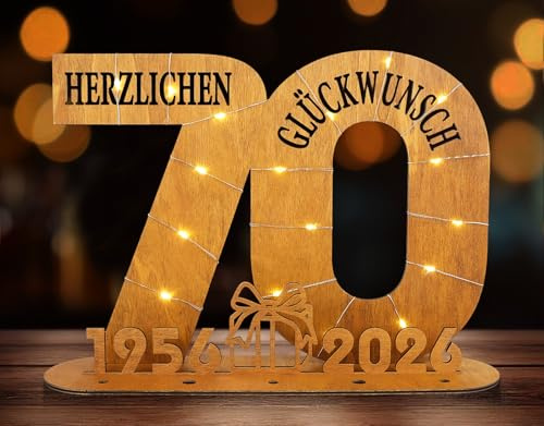 ARTREE Geldgeschenk 70. Geburtstag für Frau & Mann 1956-2026, Holz Geschenk mit LED Lichterkette, Schild Gästebuch – Tischdeko & Geldgeschenk in einem, Jahreszahlen Design