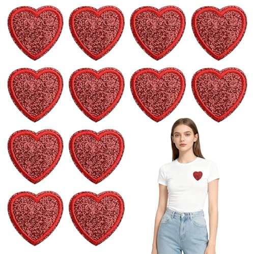 12 Stück Herz Aufnäher zum Aufbügeln, Patches Rote Herz Aufnäher Bestickt, Valentinstag Bestickte Aufbügelflicken Sticker Applikation für Jeans Kleidung DIY T-Shirt (C)