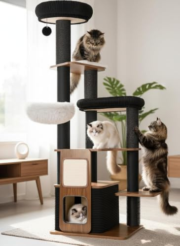 160 cm Kratzbaum für große Katzen, Stabiler Katzenbaum für Maine Coon, XXL Katzenkratzbaum für Wohnungskatzen, hohe Kletterbaum mit Sisal Kratzstämmen, extra große Liegefläche, Katzenhöhle, Schwarz