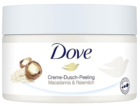 Dove Creme-Dusch-Peeling Macadamia & Reismilch Scrub Körper Peeling für geschmeidige Haut Hautpflege mit Jojobawachs-Perlen 225 ml