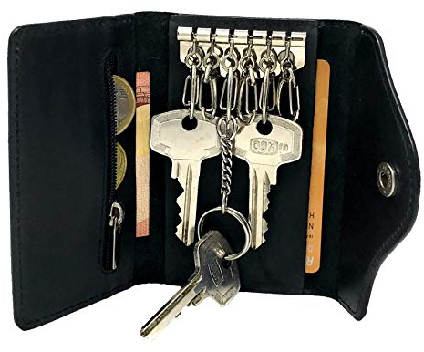 Su.B Portachiavi in Pelle Vera – Portachiavi Compatto con Tasca Tulipano, 6 Ganci, Tasca con Zip per Monete, Design Funzionale - Nero