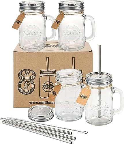 Smiths Mason Jars 16oz/473ml 4 Pack Glass Jars with Lids, Metal Straws and Handles - Perfect Overnight Oats Jar, Smoothie Cup - Good for Milkshake, Lemonade, Ice Coffee & Cocktails
