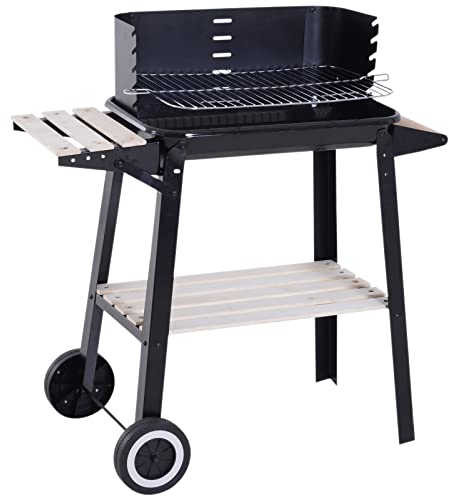 Outsunny Barbacoa de Carbón Vegetal Parrillas Asador BBQ de Picnic Altura de Parrillas Ajustables con Estantes y Ruedas Fácil Mover para Jardín Exterior Acampada 83x46x87 cm