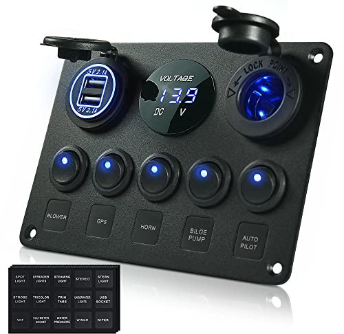 MICTUNING IP65 Waterproof 12V/24V Switch Panel, 5 Gang Rocker Switch Panel with LED light Toggle Switch Panel with Dual USB Charger Digital Voltmeter Cigarette Lighter Socket for Car Trunk Boat