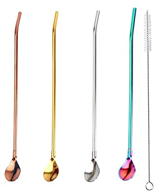 Cannucce riutilizzabili Cucchiaio di Paglia Cannucce in Metallo, con Spazzola per la Pulizia Bel Regalo per i Tuoi Amici e familiari, 4 Pezzi (4 Colori)