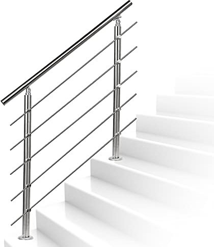 BMOT Edelstahl Handlauf, 150 cm gebürsteter Edelstahl Geländer mit 5 Querstreben, Handläufe für Treppen für innen & außen