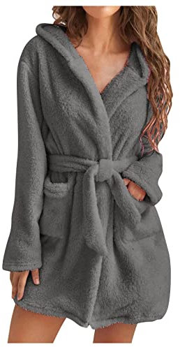 riou Vestaglie Corta Donna Invernale Pile Elegante: Camicia da Notte con Cintura Sexy Vestaglia Manica Lunga in Peluche Pigiama con Cappuccio Caldo Sexy