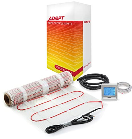 Adept Premium Electric Underfloor Heating Mat Kit 200W per m² with Self Adhesive Backing for Under Tile or Stone Floors - 11m2 Kit - Silver Touchscreen Thermostat