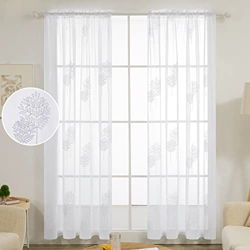 Deconovo Faux Linen Leaves Embroidery Sheer Curtains Rod Pocket Net Voile Curtains for Living Room 55 x 63 Inch(Width x Length) 2 Panels White/White 2 Panels