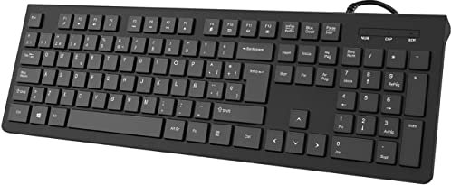VEILZOR Teclado USB, Teclado QWERTY Español, Teclado Ordenador con Cable,Tamaño Estándar,Soportes Plegables,Resistente a Salpicaduras, Letras Antidesgaste para Windows, Mac, Laptop