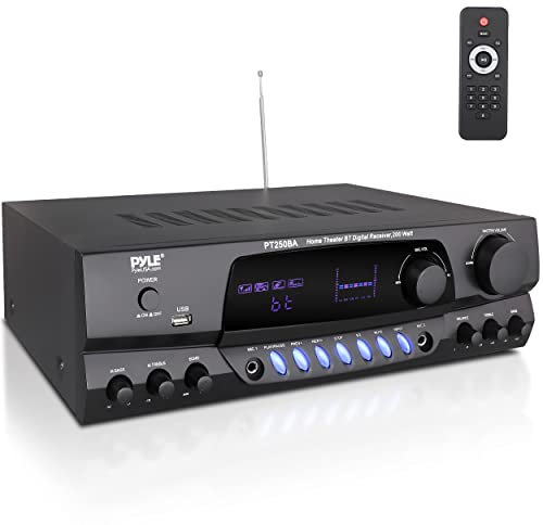 Pyle Wireless Bluetooth Power Amplifier System, 200 Watt Max, Home Theater Audio Stereo Receiver Box with FM/USB, Mic in, RCA Inputs, Echo & 2-Band EQ Control, Digital Display Screen - PT250BA