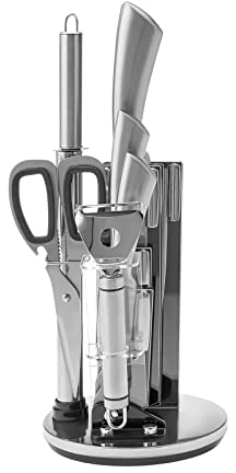 Karaca Meister Palm German Stainless Steel Knife Set with Stand, Ultra Sharp Stainless Steel Kitchen Knives with 360 Degree Rotating Stand, Premium Quality Professional Knife Set, 8 Piece, Silver