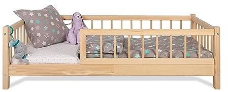 Alije Kinderbett Bett mit Rausfallschutz 80x180cm NINA Lattenrost Bettgestell aus Kiefer Holz für Haus Kinder Jungen & Mädchen - Holzbett Baby Kinderzimmer Junge Deko
