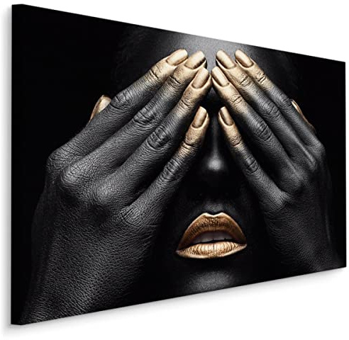 Muralo Wandbilder Verdecktes Gesicht, Frau, goldene Lippen - 30x20 cm | Leinwandbild, Modernes Design, Aufhängefertig, UV-beständig - ideal für Wohnzimmer, Schlafzimmer und Büro