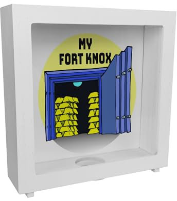 My Fort Knox Rahmen Spardose aus Holz mit Tresor und Goldbarren Motiv schöne Sparbüchse als Geschenk für Sparfüchse die Fort Knox mögen und Ihr Geld in einem Sparschwein sparen