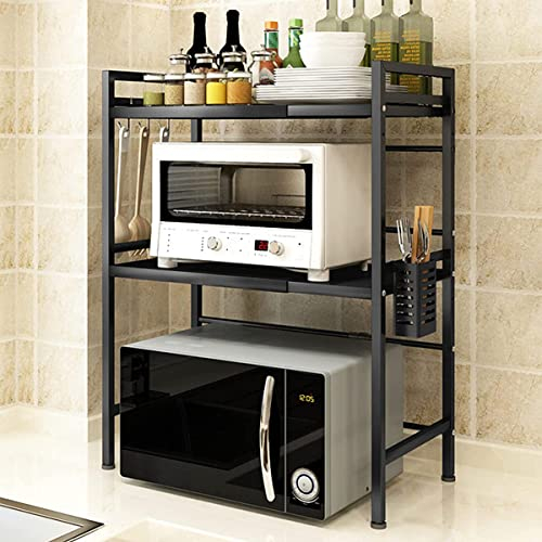 XDAILUYYDS Mikrowellen Regal, Ofengestell, 2-lagiges Erweiterbares Mikrowellenständer, Mikrowellenhalter Organizer, Küchenregal Stehend, Arbeitsplatte Küche mit Haken. (schwarz)