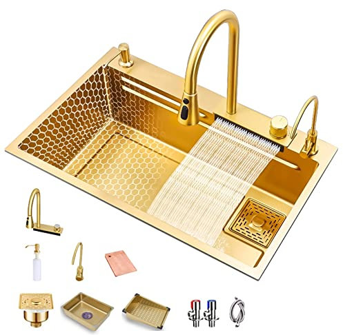 Gold Küchenspüle, Neue Edelstahl Wasserfall Spüle, Bar Spüle, Workstation Bar Spüle Mit Ausziehbarem Hahn, Schneidebrett, Seifenspender (S : 68x46cm)