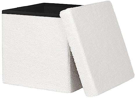 eSituro Ottoman Storage Box, Pouffe Foot Stool with Storage, Cube, 38L Capacity, Foldable Pouffe Chair, Teddy Fleece, 37.5x37.5x37.5cm, White