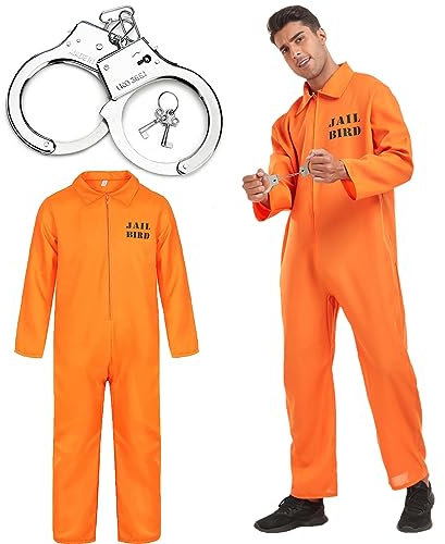 Men's Orange Prison Jumpsuit Halloween Costume with Handcuffs - Adult Inmate Fancy Dress Up Boiler Suit