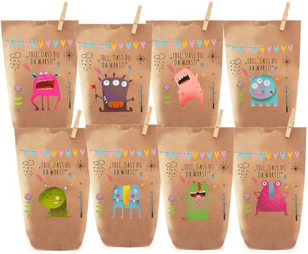 Paul´s Papierfabrik 8 bunte Monster Geschenktüten/Papiertüten, Tüten liebevoll bedruckt, für Geschenke, Gastgeschenke, Mitgebsel, Giveaways, Kindergeburtstag, Hochzeit (Monster acht)