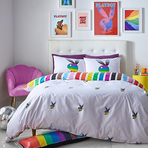 Playboy Bedding Rainbow Bunny Wende-Bettwäsche-Set mit Kissenbezug, für Einzelbett, Weiß