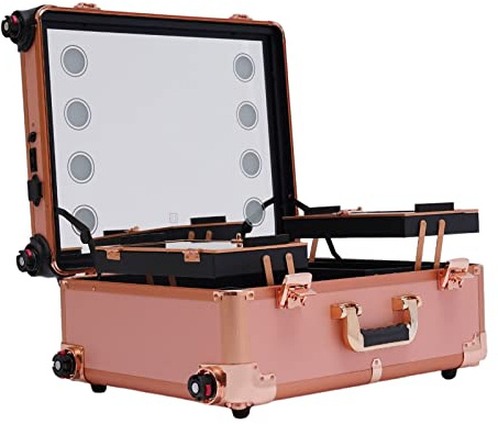 Valise à 4 rouleaux de maquillage à roulettes - Avec miroir - Station de maquillage - Plaque de recouvrement - Facile à nettoyer - Étagères extensibles professionnelles, Champagne doré, Mallette de