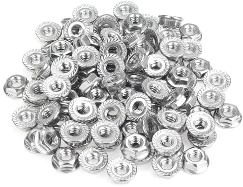 HELIFOUNER 100 Pieces 1/4”-20 Flange Nuts, Serrated Flange Hex Lock Nuts Assortment Kit, 304 Stainless Steel (18-8), Bright Finish, Coarse Thread