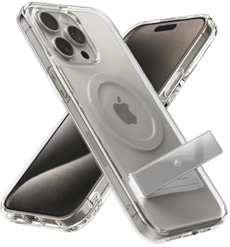 Caseology for iPhone 15 Pro Capella Mag Kickstand, Military Grade Drop Protection, Built-in Kickstand, for iPhone 15 Pro Case Mag-safe - Clear Titan Natural