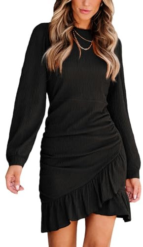 CUPSHE Women's Mini Dress Round Neck Ruffled Hem Ruched Long Sleeve Fitted Ribbed Knit Casual Dress Black M