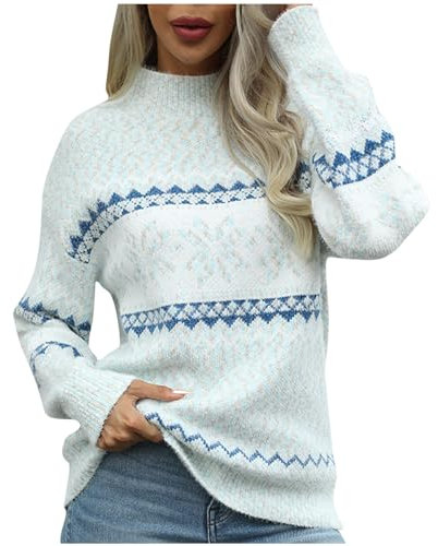 AMhomely Jumpers Women Sweater Autumn Casual Long Sleeve Knitted Top Snowflake Knitted Casual Pullover Tops Crewneck Loose Fit Sweater Thermal Cable Knit Jumpers Christmas Holiday Knitwear Blue XL