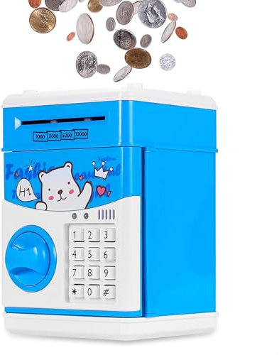 YUNYODA Tirelire Électronique pour Enfants, Mini ATM Tirelires avec Mot de Passe, Tirelire Coffre Fort Automatique Argent Faire Défiler Cadeau pour Garçon Fille, Bleu