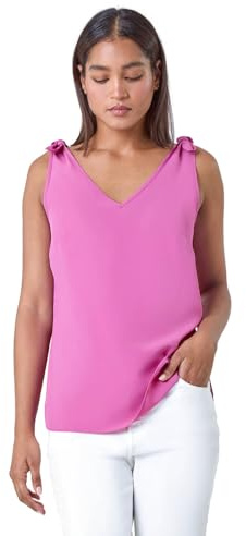 Roman Originals Tie Detail Strap Cami Top for Women UK - Ladies Everyday Holiday Spring Summer V Neckline Comfy Soft Evening Vacation Work Party - Magenta - Size 18