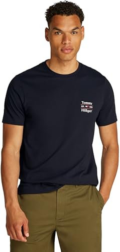 Tommy Hilfiger T-Shirt Manches Courtes Homme Stack Tee avec Col Ras-du-Cou, Bleu (Desert Sky), L
