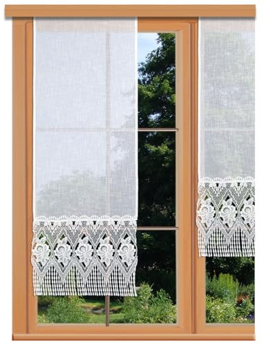 kollektion MT Flächengardine Johanna mit Echter Vogtländischer Spitze in weiß Landhaus-Schiebepaneele in Käseleinenoptik Flächenvorhang mit Perlenschnurfransen 140 x 40 cm