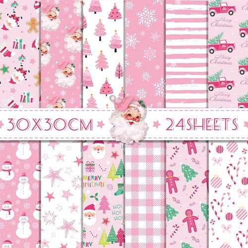 Scrapbook Papier 30x30 Rosa Doppelseitiges Scrapbooking Papier, 12 Muster 24 Blatt Decoupage Papiere Dekorpapier, Scrapbook Bastelpapier mit Weihnachtsbaum Schneeflocken Weihnachtsmann Muster