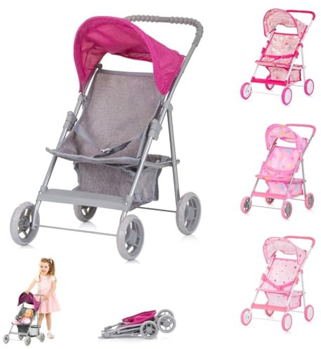 Chipolino Puppenwagen Alice Aufbewahrungskorb klappbar, Sonnendach verstellbar, Farbe:grau pink
