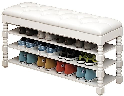 Banco de zapatos de madera marrón con asiento acolchado y 3 niveles de almacenamiento para entrada y vestíbulo, organizador de zapatos para dormitorio y sala de estar, 60 cm
