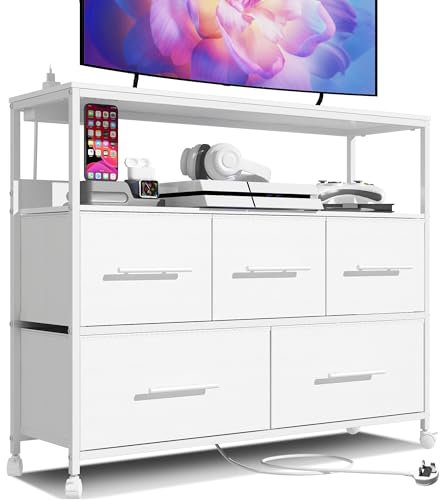 MIKIICOCO Chest of Drawers with Charging Station, Bedroom Dresser with 5 Fabric Drawers, TV Stand with Storage Shelf, 4 Castors and Metal Frame (White)