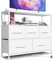 MIKIICOCO Chest of Drawers with Charging Station, Bedroom Dresser with 5 Fabric Drawers, TV Stand with Storage Shelf, 4 Castors and Metal Frame (White)