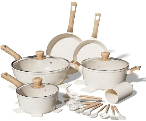 KILAY 23 Pcs Pots and Pans Set, Nonstick Cookware Sets, White Granite Induction Kitchen Cooking Set with Frying Pans & Saucepans