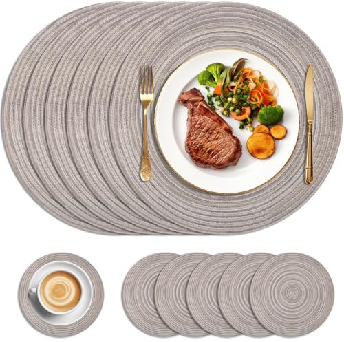 HEYOMART Round Placemats and Coasters Set of 6, 34cm Braided Woven Place Mats Washable Table Mats and Coasters Sets Heat Resistant Table Mats for Kitchen Dining Table Home Restaurant, Rainbow Grey