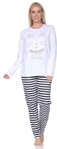 Normann Damen Langarm Schlafanzug Pyjama in Katzen Optik - auch in Übergröße, Farbe:weiß, Größe:56-58