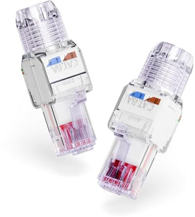 VCELINK Conector RJ45 sin Herramienta para Cat6A/Cat6/Cat5E Cable Ethernet para la terminación de campo, Soporte 23 a 26 AWG, 10 Gbps (2, Transparente Púrpura, 6A)