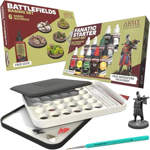 The Army Painter, Hobby Essentials Bundle – mit Warpaints Fanatic Starter Set, Battlefield Basing Set, Wet Palette XL & 1 Dipit Brush – Perfektes Miniatur-Malset für D&D und Warhammer