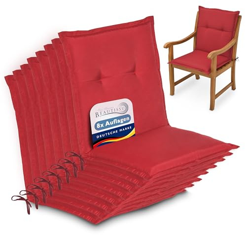 Beautissu 8er Set Niedriglehner Auflage Gartenstuhl Sitzkissen Rückenkissen | 100x50x6cm Rot Niederlehner niedrig Stuhlkissen Füllung Kissen Schaumkern Gartenstuhlkissen Sitzauflage Garten Loft NL