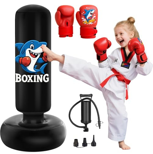 Qoosea Sac de Boxe pour Enfants 3 à 8 Ans, 130cm Gonflable Sac de Frappe sur Pied, Sac de Boxe Set de Formation avec Gants, Cadeau Parfait pour Garçons et Filles pour Karaté, Taekwondo